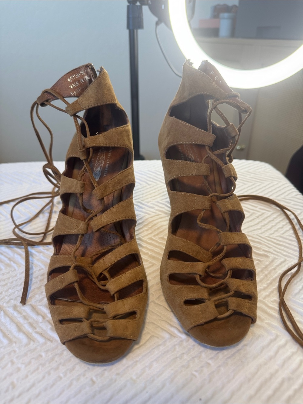 Jeffrey Campbell Tan Suede Lace-Up Cutout Ankle Booties